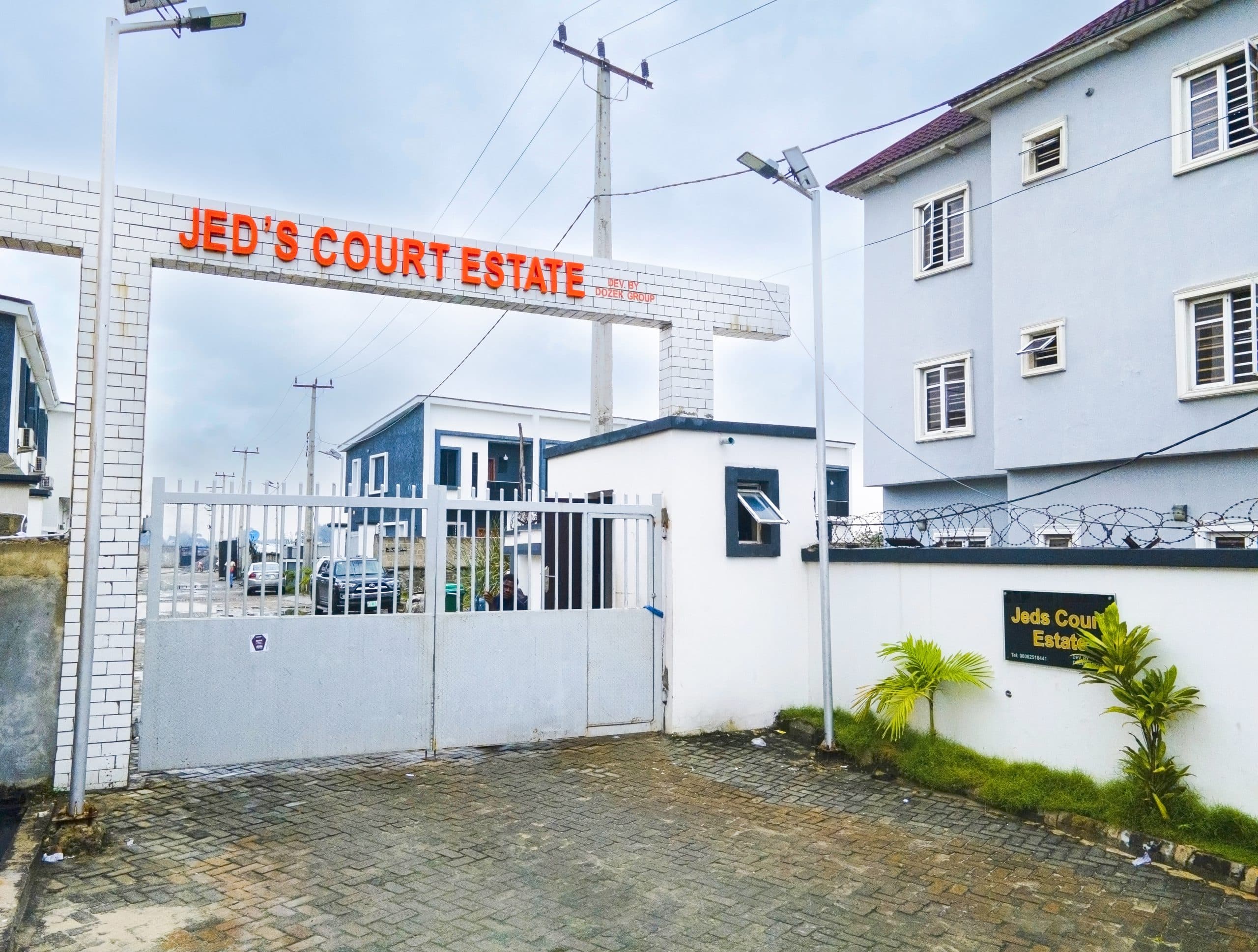 The gated entrance to Jed's Court Estate in New Lekki