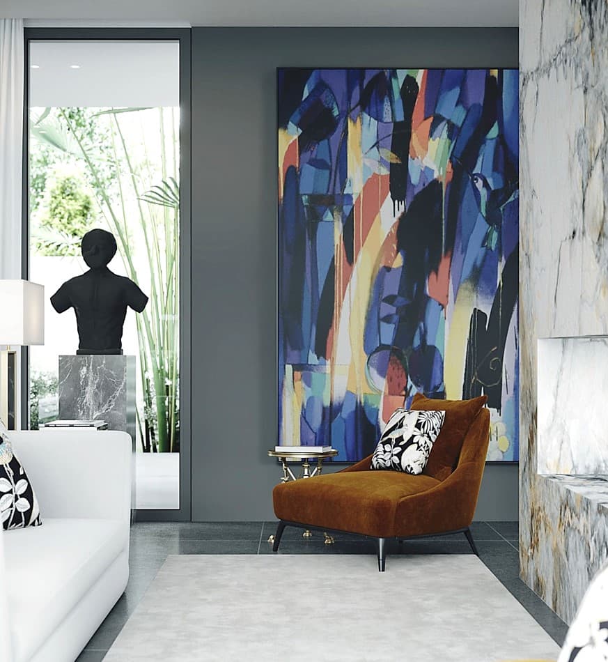 Styled lounge area with statement artwork and marble detailing