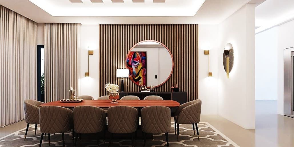 Formal dining room with timber panelling and pendant lighting